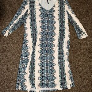 Skye's the Limit White and Blue Long Sleeve Sheath Dress